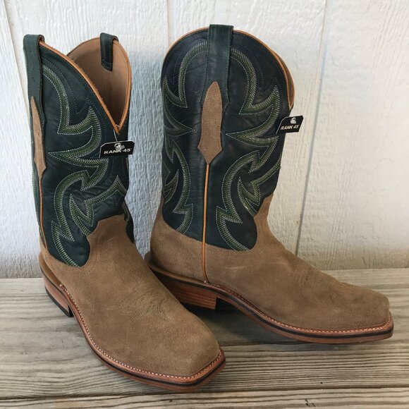 Rank 45 Archer Mens Tan Roughout and Green Leather Cowboy Boots 10.5 D BRMFA23L1 - Picture 1 of 13